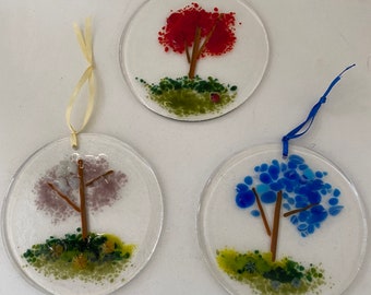 Fused Glass Colourful Tree and Flower Circular Sun Catchers