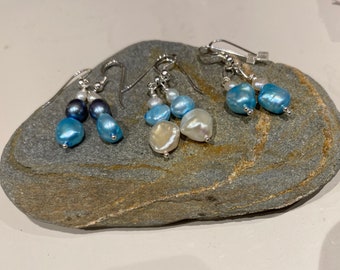 Freshwater Pearl Sterling Silver Drop Earrings Blues and Greys