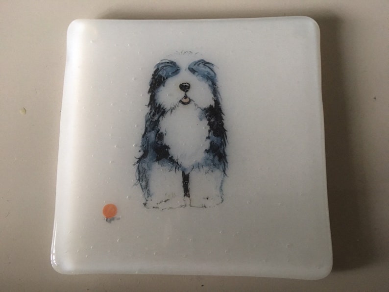 Dog coasters / fused glass tile with dogs sheepdog