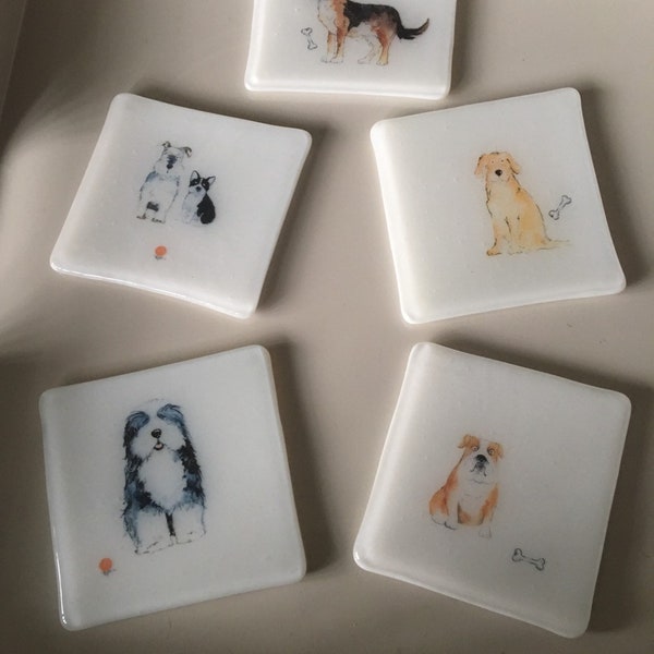 Dog coasters / fused glass tile with dogs