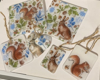 Hare and Squirrel Woodland themed fused glass coasters and hangings