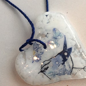 Blue Bird Heart Hangings white fused glass with blue birds