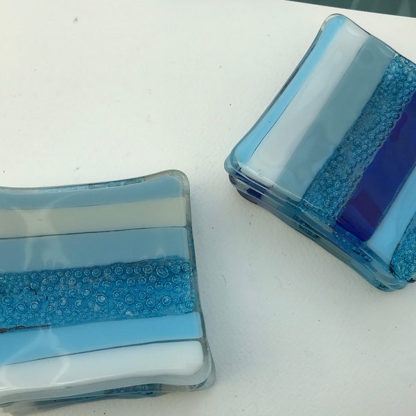 Blue striped glass coasters Fused Glass blue coasters stripy coasters