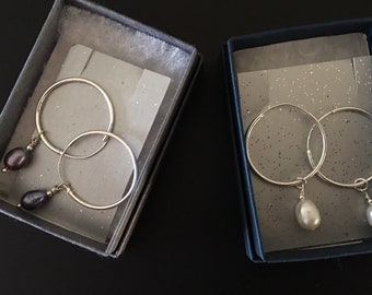 Small Sterling Silver hoop earrings with freshwater pearls
