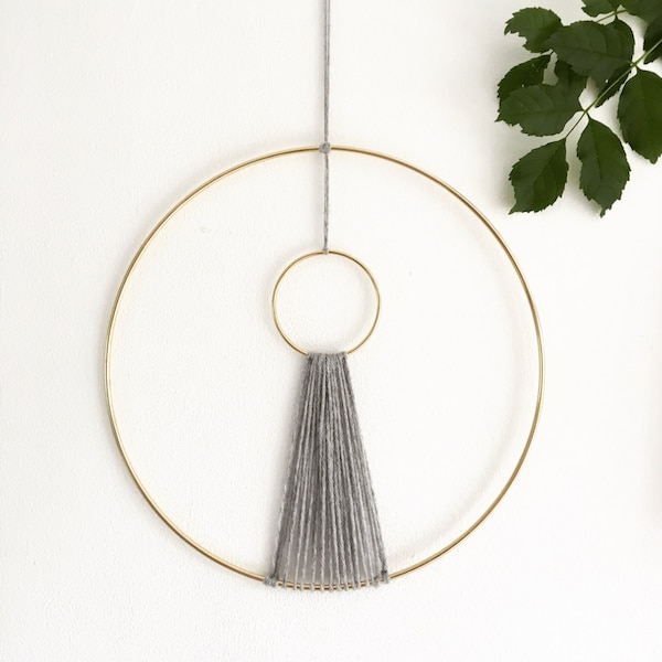 Minimalist Macrame Wall Hanging | Grey and Gold Macrame Wall Hanging | Bohemian Wall Decor | Gold Circle Macrame Ring