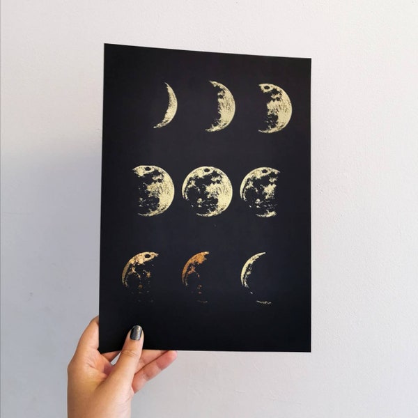 MOON PHASE print A4 // Black card / gold foil moon phases / Wall Art