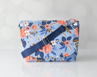 Periwinkle Blue Floral Les Fleurs Grandmillennial Crossbody Bag, Cottagecore Birch Flowers Sling Bag