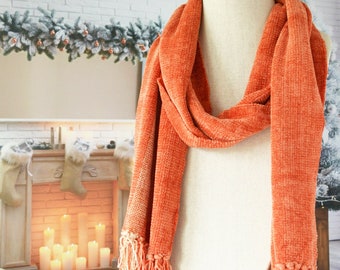 Orange Stripe Handwoven Rayon Chenille Scarf, Tangerine Soft Fringe Scarf For All