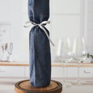 Blue Wine Bottle Gift Bag with Built in Ribbon; Eco-Friendly Housewarming Hostess Gift for Wine Lovers