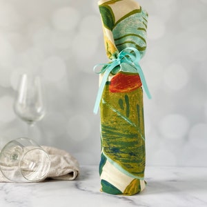 Earthy Tropical Leaves Wine Bottle Gift Bag with Built in Ribbon; Eco-Friendly Housewarming Hostess Gift for Wine Lovers