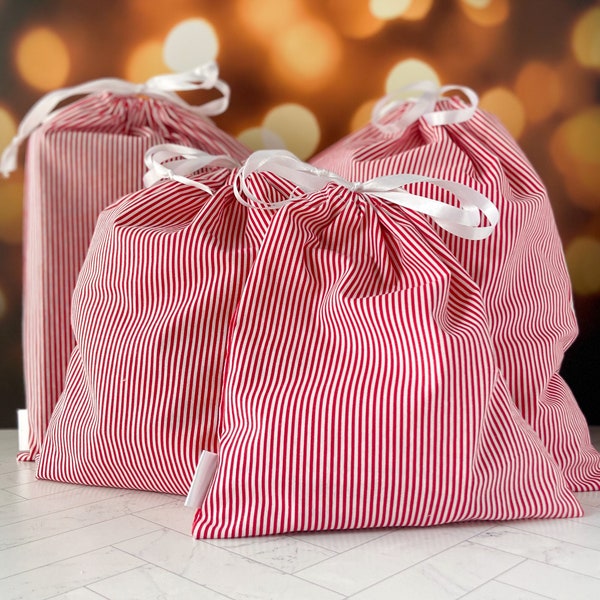 Red and White Pin Stripe Reusable Gift Bag Set of 4; Classic Christmas Red Stripe Cotton Fabric Drawstring Bag Set for Sustainable Gift Wrap