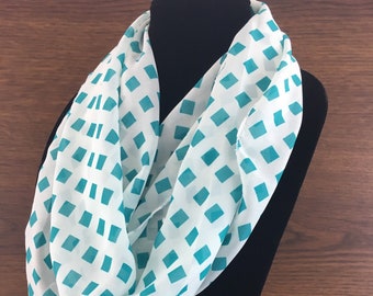 White and Teal Checked Infinity Scarf