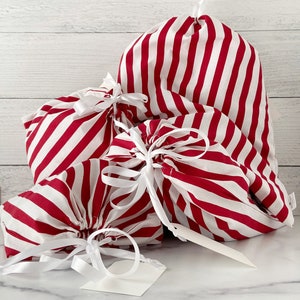 Think Red and White Stripe Reusable Gift Bag Set for Christmas, Candy Cain Fabric Drawstring Extra Large Bag for Sustainable Gift Wrap