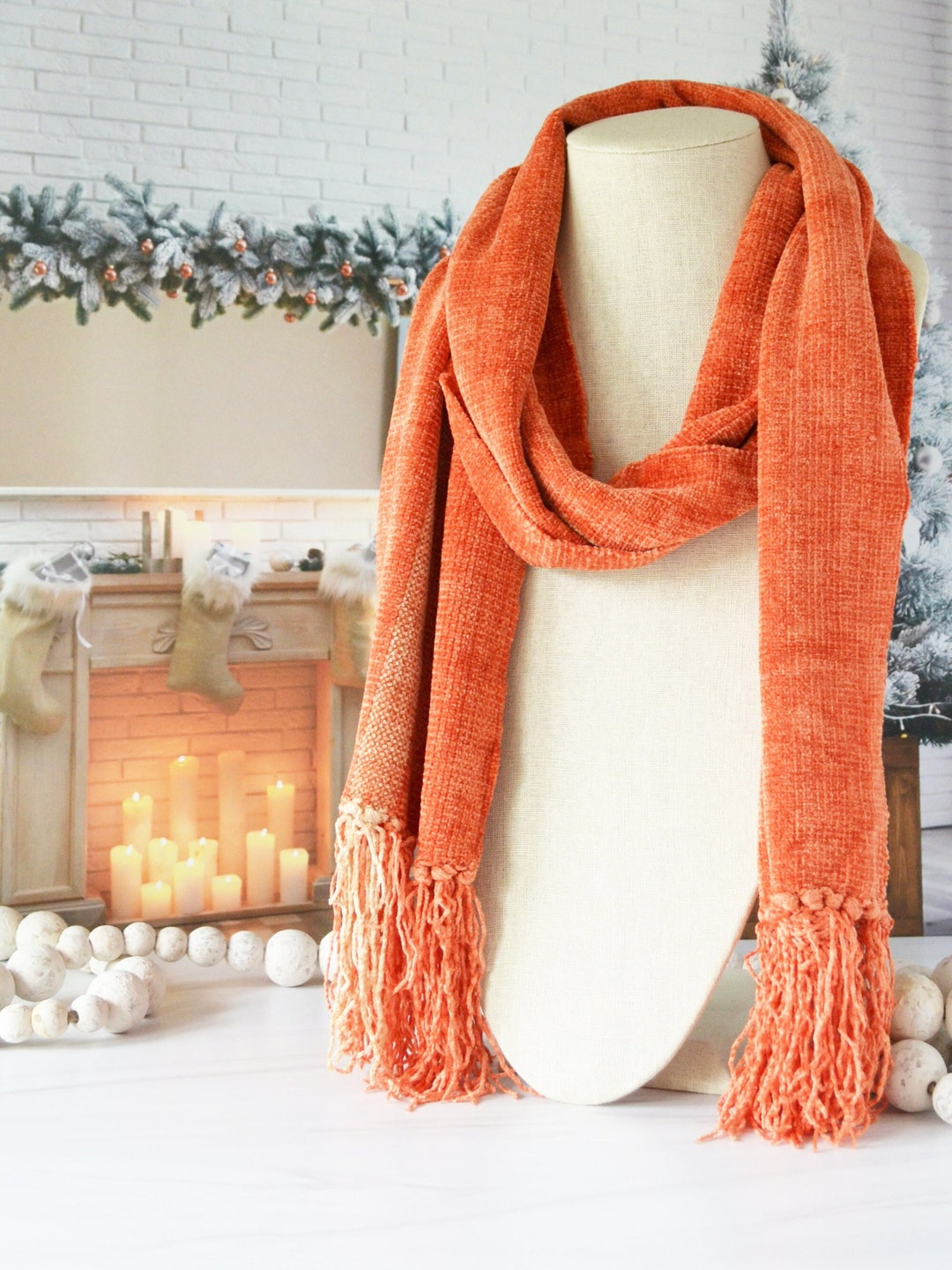 Orange Stripe Handwoven Rayon Chenille Scarf, Tangerine Soft Fringe
