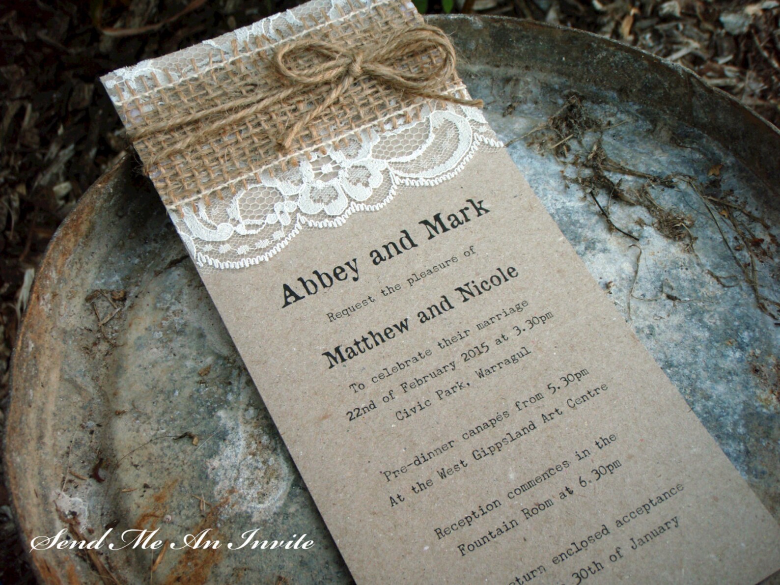 Wedding Invitation Rustic Lace and Hessian with Jute String on Etsy
