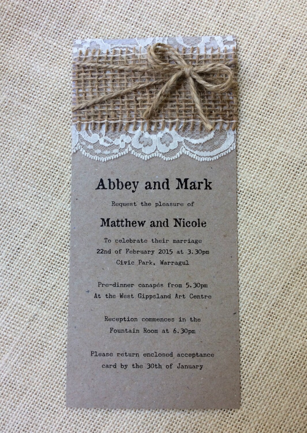 Wedding Invitation Rustic Lace and Hessian with Jute String on Etsy
