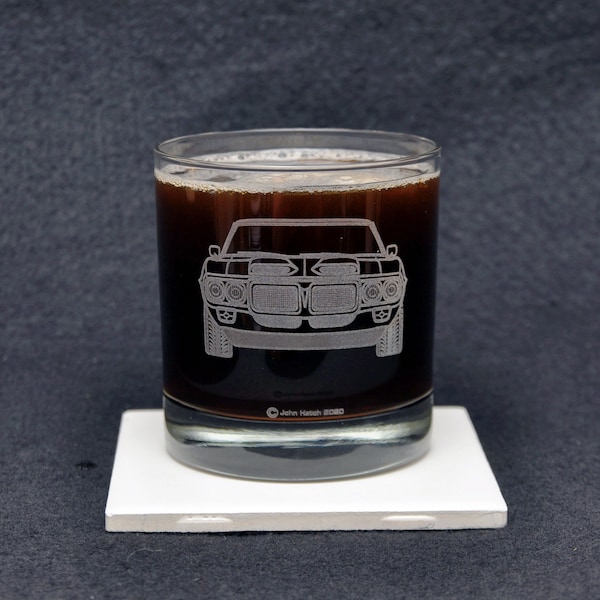 Pontiac Firebird 1967-1969 GTO American Muscle Car Enthusiast Driving Themed Etched Whiskey Rocks Glass Gift, Original Artwork, Made in USA!