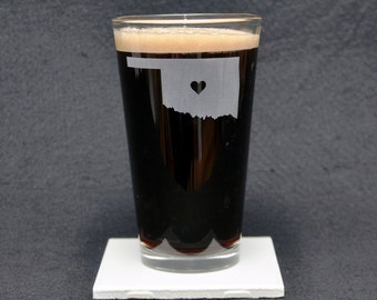 Oklahoma, OK, Beer Pint Glass with Optional Heart or Star Placed Over a Location and Personalized Text, Custom Gift, 16 oz , Made in USA