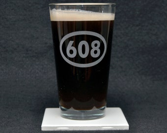 Milwaukee, WI Wisconsin Telephone Area Code 608 Etched Beer Pint Glass - Made in USA - Midwest Drinking Ware