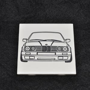 BMW E30 Sports Car Etched on 4.25&quot;x4.25&quot; Ceramic Coaster - Perfect for Decorative Display, Gift for BMW Enthusiast or Kitchen/Bar Area