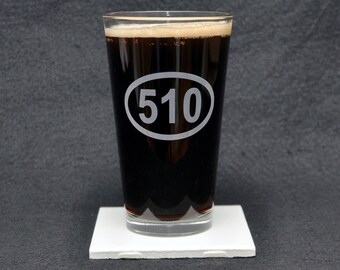 510 California State Telephone Area Code, Oakland, Berkeley, Etched Beer Pint Glass - Made in USA