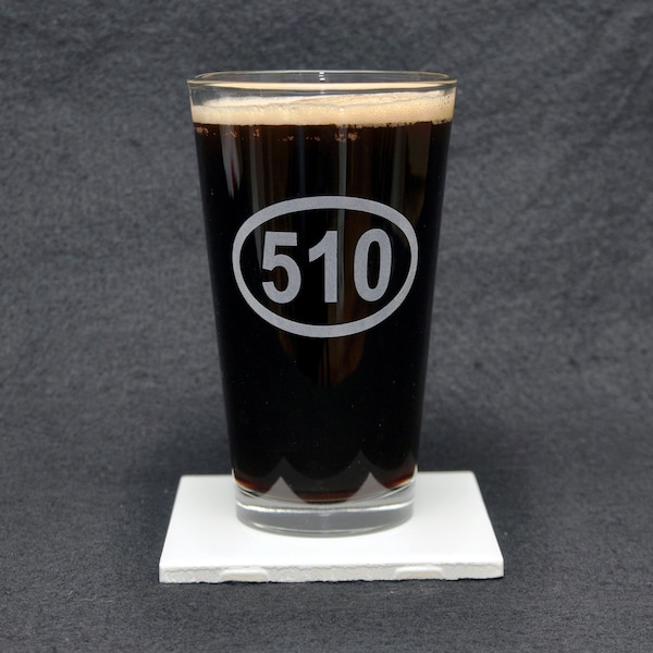 510 California State Telephone Area Code, Oakland, Berkeley, Etched Beer Pint Glass - Made in USA