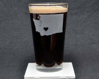 Washington, WA, Beer Pint Glass with Optional Heart or Star Placed Over a Location and Personalized Text, Custom Gift, 16 oz , Made in USA