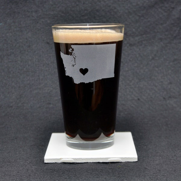 Washington, WA, Beer Pint Glass with Optional Heart or Star Placed Over a Location and Personalized Text, Custom Gift, 16 oz , Made in USA