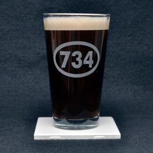 Ann Arbor, MI Michigan Telephone Area Code 734 Etched Beer Pint Glass - Made in USA - Midwest Drinking Ware -  U of M
