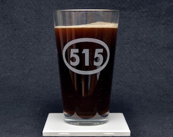 Des Moines, IA Iowa State Telephone Area Code 515 Etched Beer Pint Glass - Made in USA - Optional Personalization!