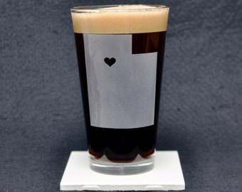 Utah, UT, Beer Pint Glass with Optional Heart or Star Placed Over a Location and Personalized Text, Custom Gift, 16 oz , Made in USA