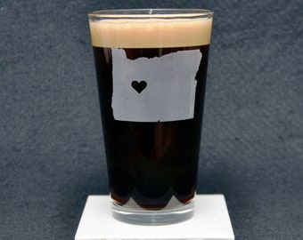 Oregon, OR, Beer Pint Glass with Optional Heart or Star Placed Over a Location and Personalized Text, Custom Gift, 16 oz , Made in USA