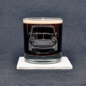 Austin Mini Cooper Classic British Vintage Sports Car Enthusiast Themed Etched Whiskey Rocks Glass Gift, Original Artwork, Made in USA!