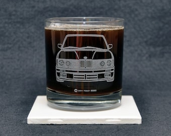 BMW E28 5-Series European Sports Car Enthusiast Etched Whiskey Rocks Glass Gift Original Artwork, Made in USA! M5 M535i 535i 533i 528e 524TD