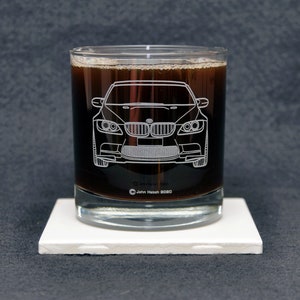 BMW E90 E92 3-Series European Sports Car Enthusiast Etched Whiskey Rocks Glass Gift Original Artwork Made in USA! M3 335i 325i 328i AWD
