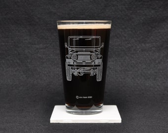 Toyota Land Cruiser FJ40 40 Series 4x4 Off Road Driving Themed Etched Beer Pint Glass Gift, Original Artwork, USA Made