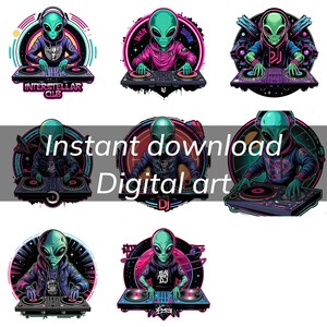 Pode incluir: Um conjunto de dez ilustrações digitais com DJs alienígenas verdes com olhos brilhantes e acentos neon. Cada DJ alienígena usa uma roupa diferente e tem uma configuração de DJ única. As ilustrações são definidas em um fundo preto com acentos neon coloridos.