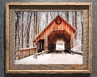 Barn Wood Frame Covered Bridge Christmas in the Smoky Mountains winter scene