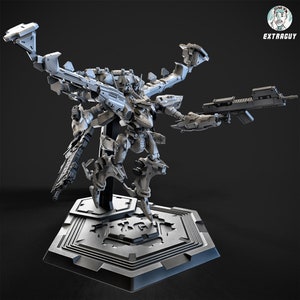 May include: A detailed, gray, 3D printed model of a futuristic robot with multiple arms and legs. The robot is holding a gun in one hand and has a base with the word "EXTRA" printed on it.