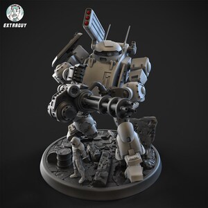 May include: A gray, detailed, articulated robot model with a large gun, standing on a gray base with a smaller gray robot figure. The robot has a large, round head with a small, round window in the front. The robot is holding a large, detailed gun with a long barrel and multiple barrels. The robot is standing on a gray base with a smaller gray robot figure. The base is textured to look like a destroyed city.