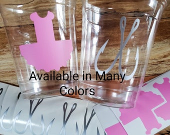 24+ Tacklebox or Tutu clear disposable cup or 20+ vinyl decals. Baby Shower,Reel,Gender reveal,girl or boy,fishing,lures or lace. C252C-101.