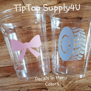 24+ burnout or bows clear disposable cups or 20+ decals. Baby shower,gender reveal team pink vs team blue ,sprinkle shower, wheel. C70C-339