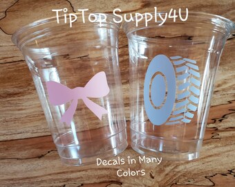 24+ burnout or bows clear disposable cups or 20+ decals. Baby shower,gender reveal team pink vs team blue ,sprinkle shower, wheel. C70C-339