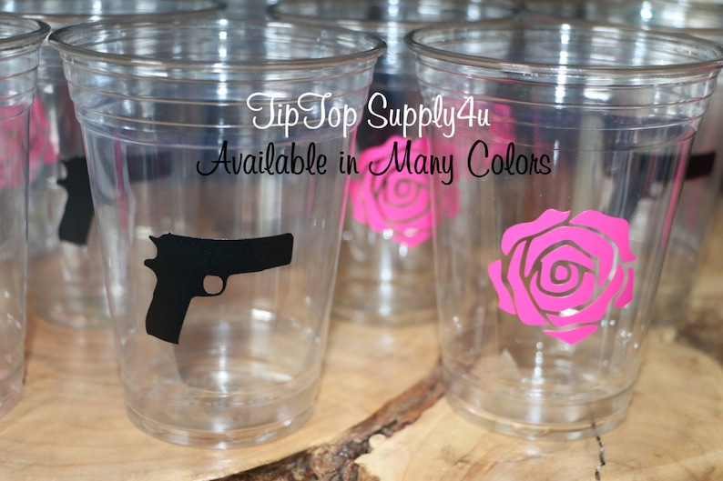 24+ Guns N Roses clear disposable cups or 20+ vinyl decals. Baby Shower, Gender reveal, Birthday party, pistol,rose, sprinkle party.C219+164 image 1