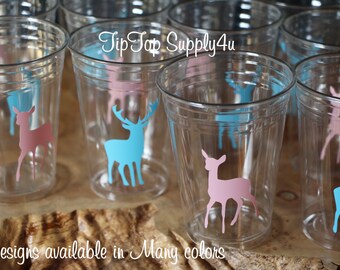24+ gender reveal Buck & Doe clear party cups or 20+ vinyl decals only.Baby Shower,sprinkle party, boy or girl,Hunter shower,Team blue.C-137