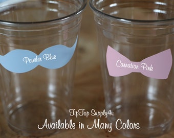 12 Bow & 12 Mustache+clear disposable cup or 20+ vinyl decals.Baby Shower, Gender reveal party, Birthday party, Mustache Bash, Bow. B-30 -71