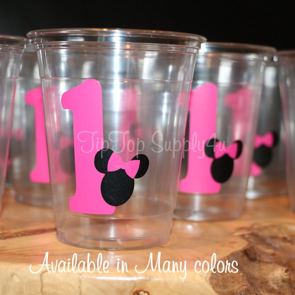 24+Mouse w/ bow & Age clear party disposable cups. Kids party, boy mouse,mini, girl mouse. birthday party decor,mouse party decor. B-152-153
