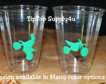 24+ dirt bike clear disposable Cups or 20+ vinyl decals only. Dirt bike,Birthday party,vehicle,boy,boy birthday decor,boy birthday.Bin-C-271