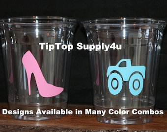 24+ Heel or wheel clear disposable cups or 20+decals.Baby shower,gender reveal,team pink,team blue,boy,girl,burnout,sprinkle party.B-180C216