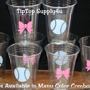 24+ baseballs & fancy bows clear disposable cups or 20+ decals. Baby shower, gender reveal, baseball, bow, sprinkle party. B-224 C-155